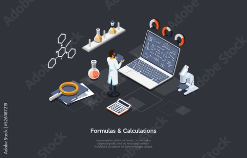 Concept Of Scientific Researches. Scientist Man In Uniform Researching DNA, Doing Experiments or Outputing a New Medicines With Formulas And Calculations. Isometric Cartoon 3d Vector Illustration