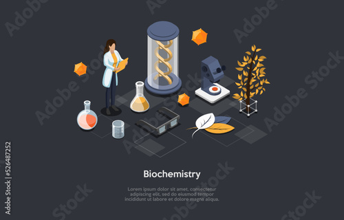 Concept Of Biochemistry. Scientist Man In Uniform Research DNA, Molecular Biotechnology, Make Biological Experiments In Laboratory Using Chemistry Equipment. Isometric Cartoon 3d Vector Illustration
