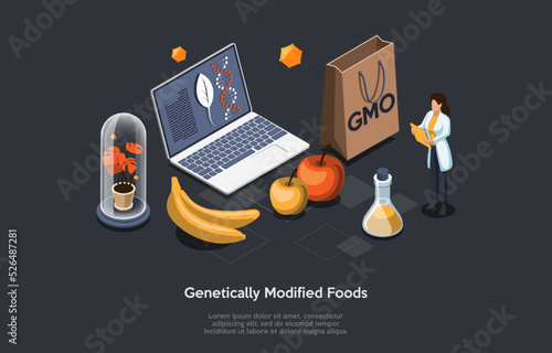 Genetically Modified Foods Concept. Laboratory Scientist at Huge Genetically Modified Food and Agriculture Crop Learn GMO Food, Chemistry or Biology Science. Isometric Cartoon 3D Vector Illustration
