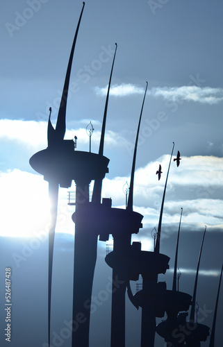 Backlit windmills at dawn, blue sky with small clouds and birds flying