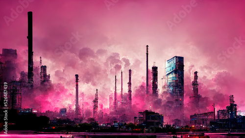 Dystopic cyberpunk city with smoke and purple sky photo