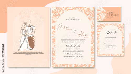 Wedding Invitation set, floral invite Souvenir, rsvp modern card Design in pink peach brown floral with rose pastel tone  decorative Vector elegant rustic template
