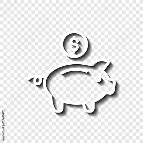 Piggy bank with coin simple icon vector. Flat design. White with shadow on transparent grid.ai