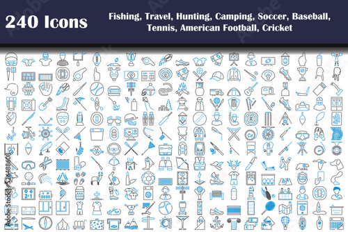 240 Icons Of Fishing, Travel, Hunting, Camping, Soccer, Baseball, Tennis, American Football, Cricket