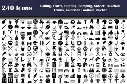 240 Icons Of Fishing, Travel, Hunting, Camping, Soccer, Baseball, Tennis, American Football, Cricket