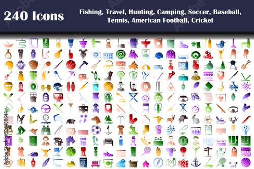 240 Icons Of Fishing, Travel, Hunting, Camping, Soccer, Baseball, Tennis, American Football, Cricket