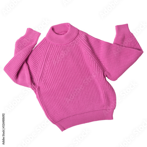 Pink knitted wool sweater, as if dancing with arms raised, on a white background
