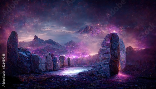 Portal made of stones with purple light, night sky in fog, outline of mountains
