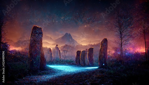 Billede på lærred A magical portal between tree trunks at night, a fantastic glowing gate to an al