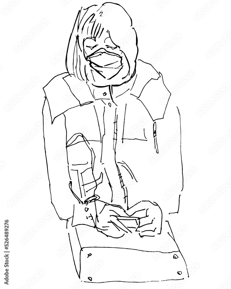 Fototapeta premium Human silhouette hand drawn one line flat illustration. Woman with bag travels in public transport people wearing mask. Line art sketch phone in hands listen music playing game public transport