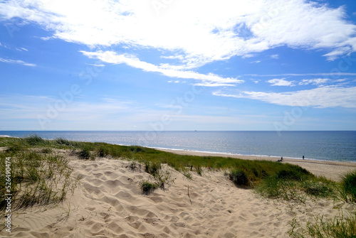 beautiful beach with few people photographed from the dunes in summer in Denmark, Jutland, Vrist, Midtjylland, North Sea, Lemvig, Harboøre