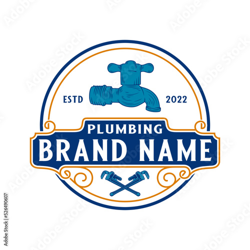 pipe repair emblem logo design. customizable wrench concept and faucet icon, for home plumbing repair business.