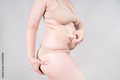 Wallpaper Mural Fat woman in beige underwear on gray background, overweight female body Torontodigital.ca