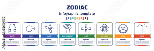 infographic template with icons and 8 options or steps. infographic for zodiac concept. included safety, mars, beauty, encouragement, soot, hypocrisy, still, aries icons.