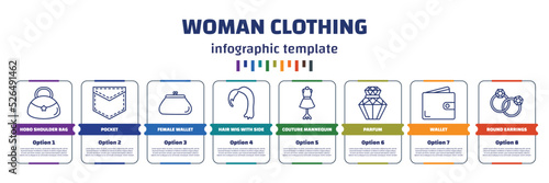 infographic template with icons and 8 options or steps. infographic for woman clothing concept. included hobo shoulder bag, pocket, female wallet, hair wig with side, couture mannequin, parfum,
