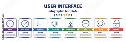 infographic template with icons and 8 options or steps. infographic for user interface concept. included wrong, check square, sort down, high volume, voice recording, minus, reload, unblocked icons.