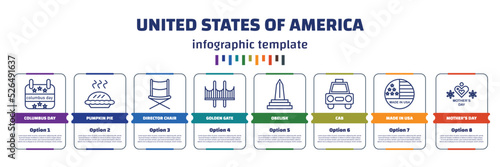 infographic template with icons and 8 options or steps. infographic for united states of america concept. included columbus day, pumpkin pie, director chair, golden gate, obelisk, cab, made in usa,