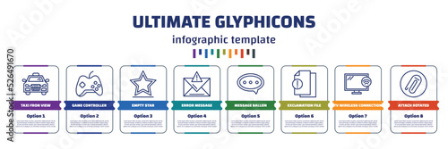 infographic template with icons and 8 options or steps. infographic for ultimate glyphicons concept. included taxi fron view, game controller cross, empty star, error message, message ballon,