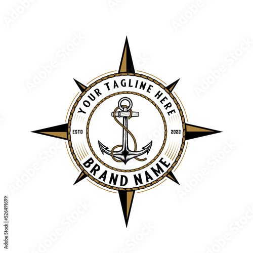 vintage anchor vector design logo. anchor and compass icon concept for sea adventure or sea related