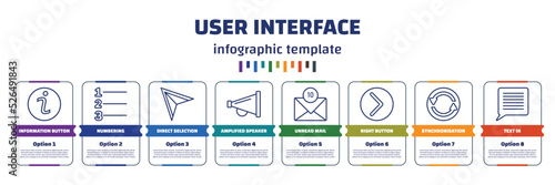 infographic template with icons and 8 options or steps. infographic for user interface concept. included information button, numbering, direct selection, amplified speaker, unread mail, right