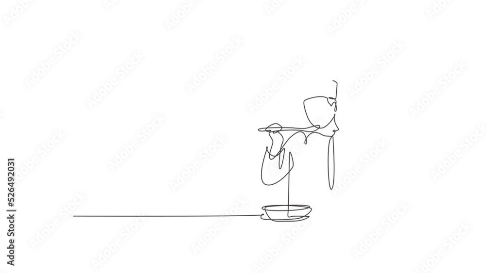 Animated self drawing of continuous line draw male chef tasting and smiling soup curry with wooden spoon. Healthy food preparation on commercial kitchen concept. Full length single line animation. Animated self drawing of continuous line draw male chef tasting and smiling soup curry with wooden spoon. Healthy food preparation on commercial kitchen concept. Full length single line animation.