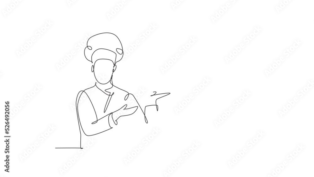 Animated self drawing of continuous one line draw young attractive male chef holding main dish food tray and ready to serve to customer. Good resto service concept. Full length single line animation. Animated self drawing of continuous one line draw young attractive male chef holding main dish food tray and ready to serve to customer. Good resto service concept. Full length single line animation.