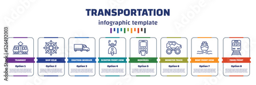 infographic template with icons and 8 options or steps. infographic for transportation concept. included tramway, ship helm, eighteen-wheeler, scooter front view, monorail, monster truck, boat front