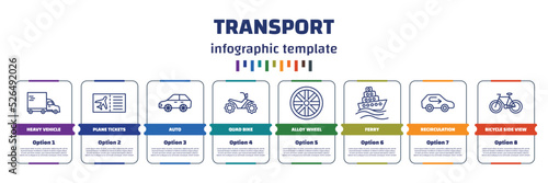 infographic template with icons and 8 options or steps. infographic for transport concept. included heavy vehicle, plane tickets, auto, quad bike, alloy wheel, ferry, recirculation, bicycle side