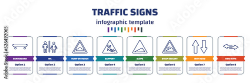 infographic template with icons and 8 options or steps. infographic for traffic signs concept. included skateboard, wc, hump or rough, slippery, slope, steep descent, way road, two ways icons.