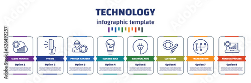 infographic template with icons and 8 options or steps. infographic for technology concept. included cloud analysis, tv side, project manager, ecologic bulb, electrical plug, customize,