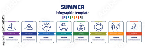 infographic template with icons and 8 options or steps. infographic for summer concept. included yatch boat, pamela hat, beach ball, terrace, firefly, rubber ring, pair of flip flops, disc golf
