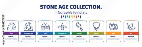 infographic template with icons and 8 options or steps. infographic for stone age collection. concept. included cave, cave painting, skin, pterodactyl, cudgel, amulet, moai, leaf icons.