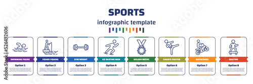 infographic template with icons and 8 options or steps. infographic for sports concept. included swimming figure, fisher fishing, gym weight, ice skating man, golden medal, karate fighter,