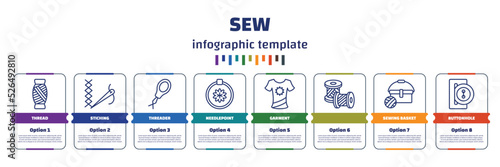 infographic template with icons and 8 options or steps. infographic for sew concept. included thread, stiching, threader, needlepoint, garment, , sewing basket, buttonhole icons.