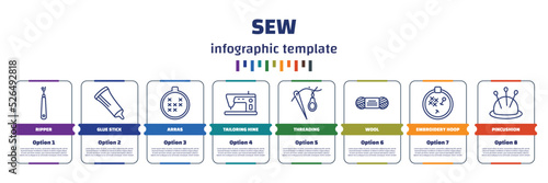 infographic template with icons and 8 options or steps. infographic for sew concept. included ripper, glue stick, arras, tailoring hine, threading, wool, embroidery hoop, pincushion icons.