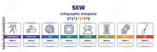 infographic template with icons and 8 options or steps. infographic for sew concept. included sewing needles, running stitch, yarn, patch, pin holder, coil, wool ball, awl icons.