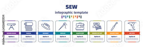 infographic template with icons and 8 options or steps. infographic for sew concept. included ironing board, fabrics, grommet, needles, sewing hine, sewing clip art, crochet hook, hot glue icons.
