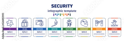 infographic template with icons and 8 options or steps. infographic for security concept. included e, big lock, lock folder, match fire, watch tower, racing helmet, turnstiles, drowning icons.
