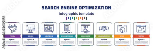 infographic template with icons and 8 options or steps. infographic for search engine optimization concept. included funnel, screen, monitoring, sharing archives, seo and web, viral marketing,