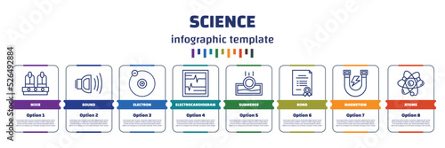 infographic template with icons and 8 options or steps. infographic for science concept. included nixie, sound, electron, electrocardiogram, submerge, bond, magnetism, atoms icons.