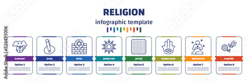 infographic template with icons and 8 options or steps. infographic for religion concept. included elephant, sitar, kotel, arabic art, matzo, hamsa hand, meditation, flowers icons.