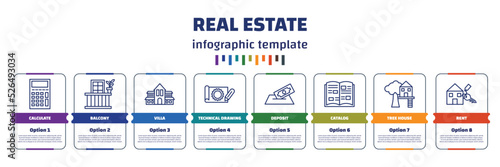 infographic template with icons and 8 options or steps. infographic for real estate concept. included calculate, balcony, villa, technical drawing, deposit, catalog, tree house, rent icons.