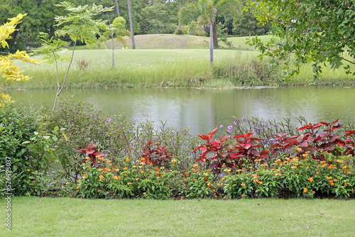 Garden lawn and a flower bed in bloom with a landscape view across a lake or river to green fields and trees