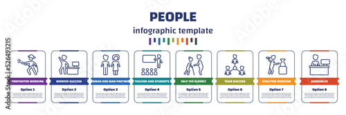 infographic template with icons and 8 options or steps. infographic for people concept. included firefighter working, worker success, woman and man partners, teacher and students, help the elderly,