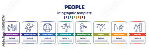 infographic template with icons and 8 options or steps. infographic for people concept. included pregnant priority, man walking and smoking, woman profile, ticket collector, man playing a flute,