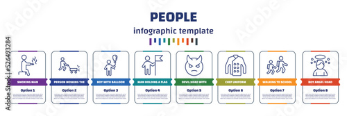 infographic template with icons and 8 options or steps. infographic for people concept. included smoking man, person mowing the grass, boy with balloon, man holding a flag, devil head with horns,