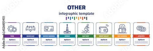 infographic template with icons and 8 options or steps. infographic for other concept. included tings, branch bat, dentist business card, kremln, sack race, smart wallet, self learning, interlock