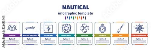 infographic template with icons and 8 options or steps. infographic for nautical concept. included aqualung, roofless speed boat, nautical map, life preserver, propeller, barometer, oars, boat