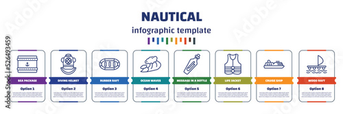 infographic template with icons and 8 options or steps. infographic for nautical concept. included sea package, diving helmet, rubber raft, ocean waves, message in a bottle, life jacket, cruise