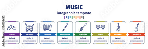 infographic template with icons and 8 options or steps. infographic for music concept. included cymbals, percussion, accordion, pennywhistle, bass guitar, bongo, double bass, violoncello icons.